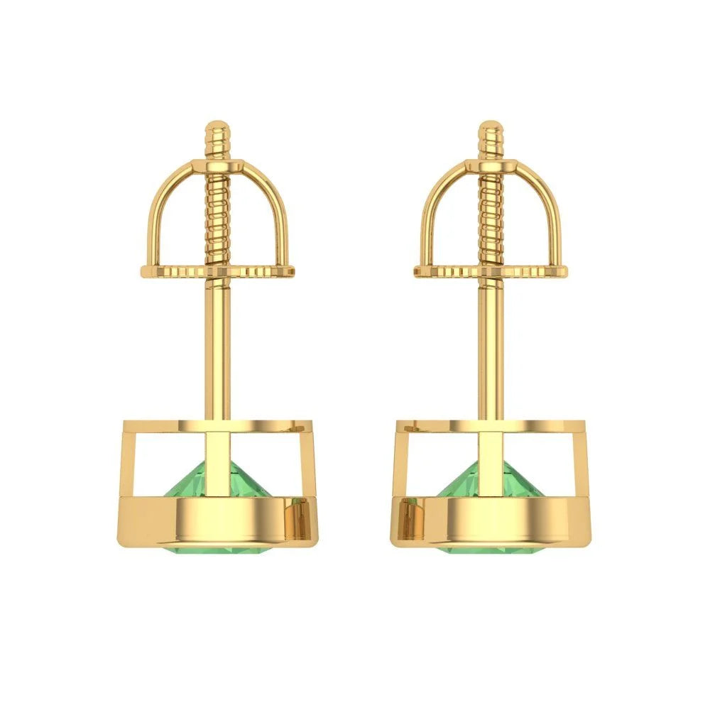 Yellow Gold Solitaire Stud Earrings, 2 Ct Round Cut Simulated Green Diamond, 14K, Screw Back Z916907