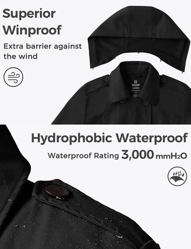 Women's Plus Size Double-Breasted Waterproof Trench Coat with Detachable Hood S54247