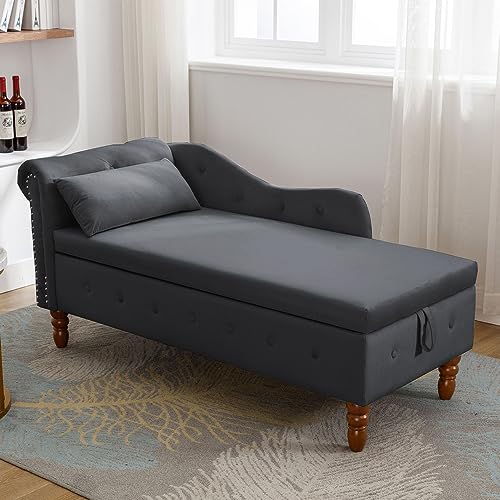 Black Velvet Chaise Lounge with Storage and Pillow D4433