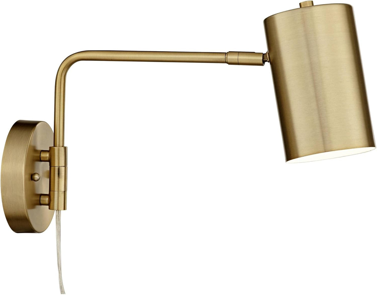 Swing Arm Wall Lamps Set of 2 Brushed Brass Metal Plug-in Light Fixture Cylinder Shade V17335