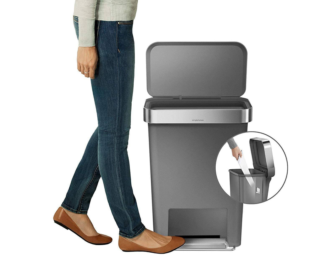 Gray 11.9 Gal Rectangular Plastic Steel Trash Can with Flip Lid and Foot Pedal C4419