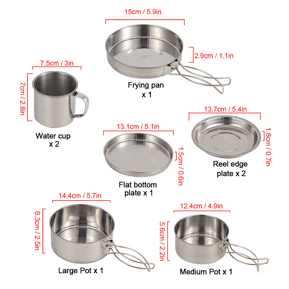 Stainless Steel Camping Cookware Mess Kit 8PCS with Plates Cups D507