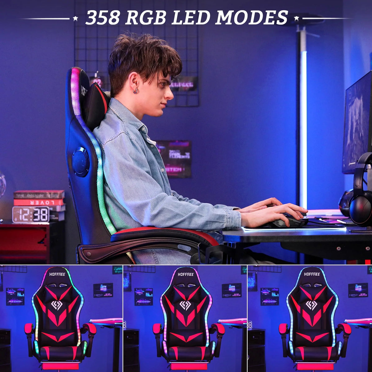 Gaming Chair with Speakers PU Leather Footrest LED Lights K38078