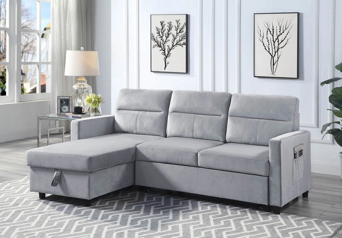 Light Gray Velvet Reversible Sleeper Sectional Sofa with Storage Chaise L624