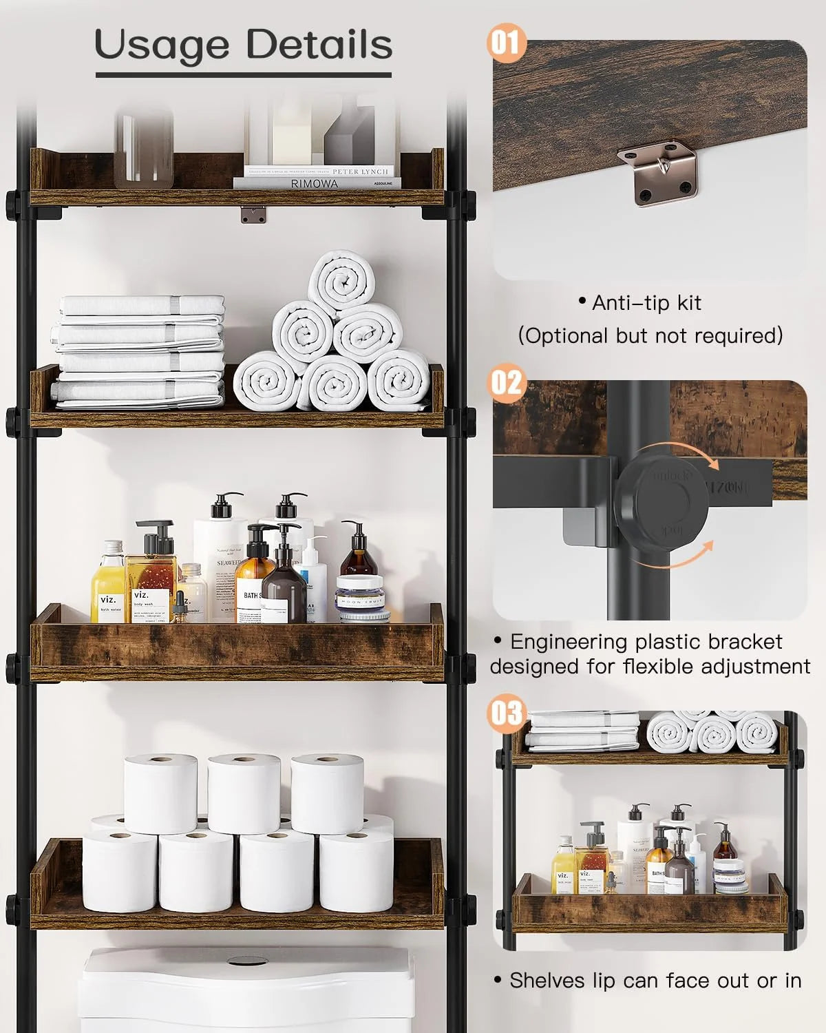 4-Tier Adjustable Wood Bathroom Storage Shelves G304