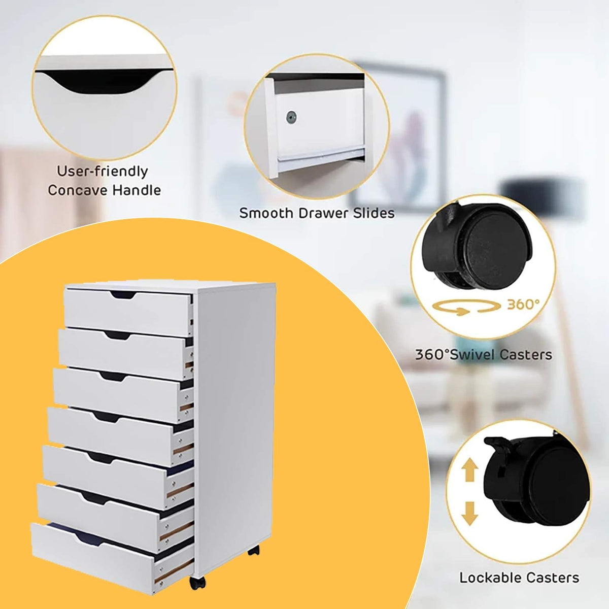 White 7 Drawer Wooden Chest Dresser with Wheels E999510