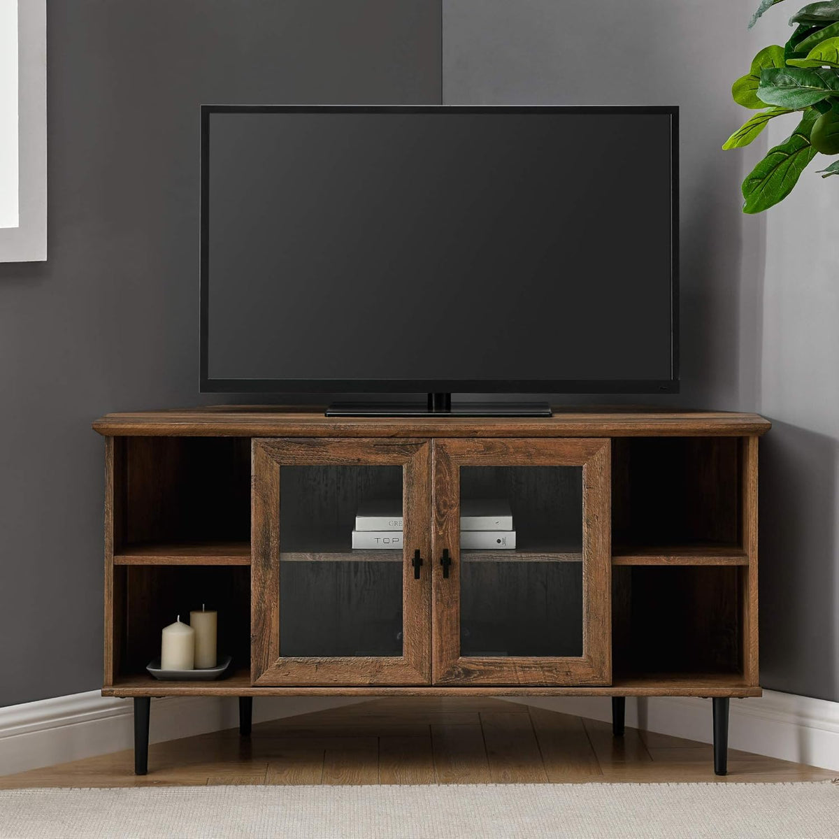 Dark Walnut 48 Inch Wood Corner TV Stand with Glass Cabinet Doors Q43106