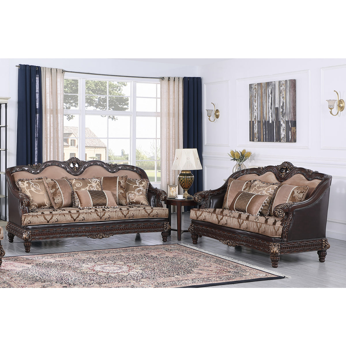 Walnut Faux Leather Sofa and Loveseat Set N804