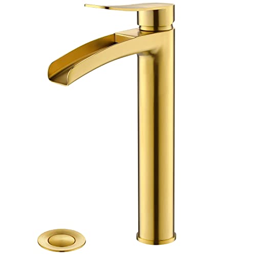 Brushed Gold Single Handle Waterfall Vessel Sink Faucet with Pop Up Drain V545