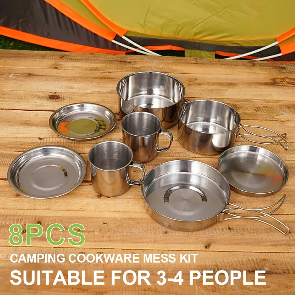 Stainless Steel Camping Cookware Mess Kit 8PCS with Plates Cups D507
