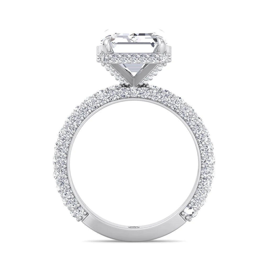 Moissanite Emerald Cut Lab Diamond Engagement Ring with Sidestones and Hidden Halo U136