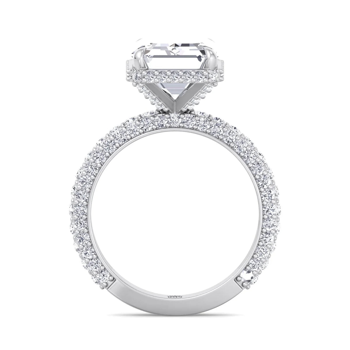 Moissanite Emerald Cut Lab Diamond Engagement Ring with Sidestones and Hidden Halo U136