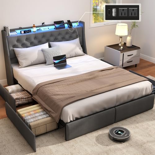 Queen Size Metal Platform Bed Frame with Storage Headboard and 4 Drawer E240