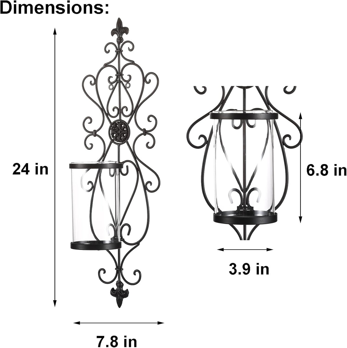 Set of 2 Antique Dark Brown Iron and Glass Wall Candle Sconces R2466