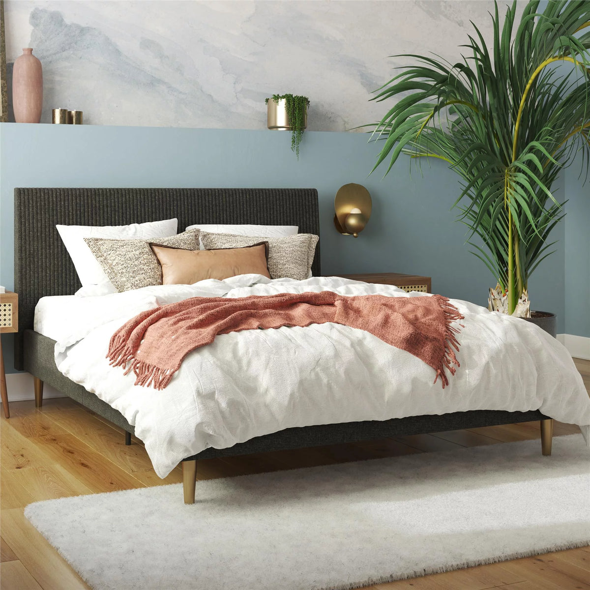 Ivory Velvet Queen Upholstered Bed with Headboard J10874