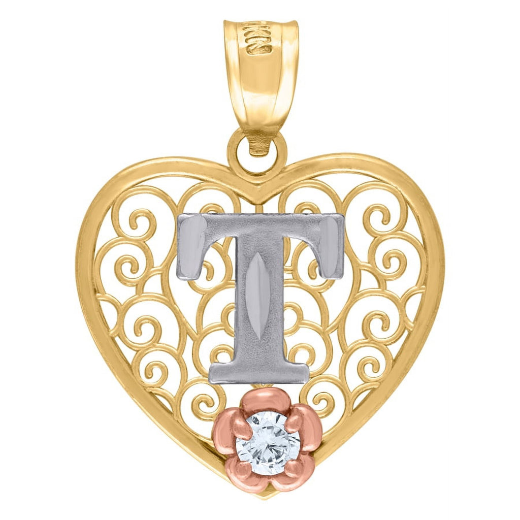 Tri color Gold Love Heart Letter T Charm Pendant Necklace Z908612