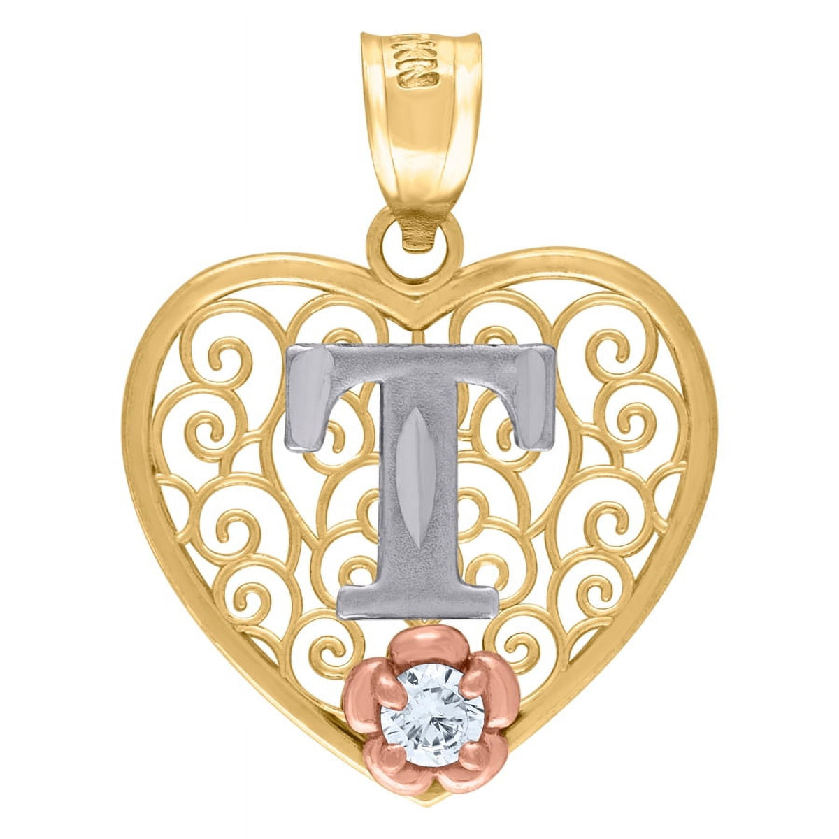 Tri color Gold Love Heart Letter T Charm Pendant Necklace Z908612