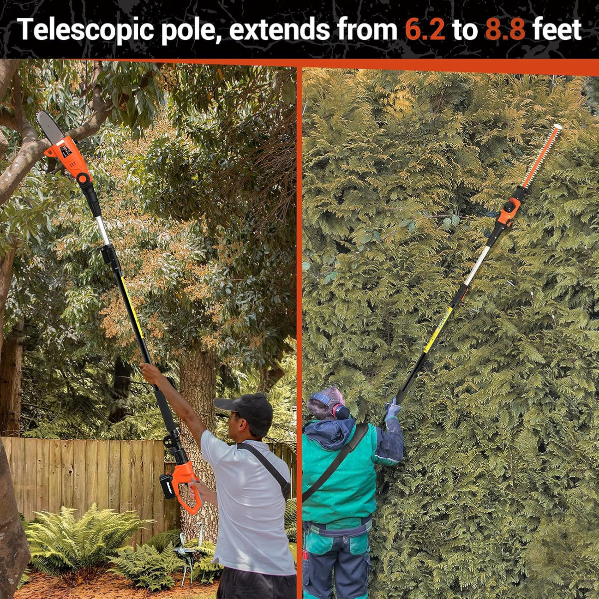 20V Electric Pole Saw Hedge Trimmer 2 in 1 Combo Kit with 2.0Ah Battery and Charger C4207