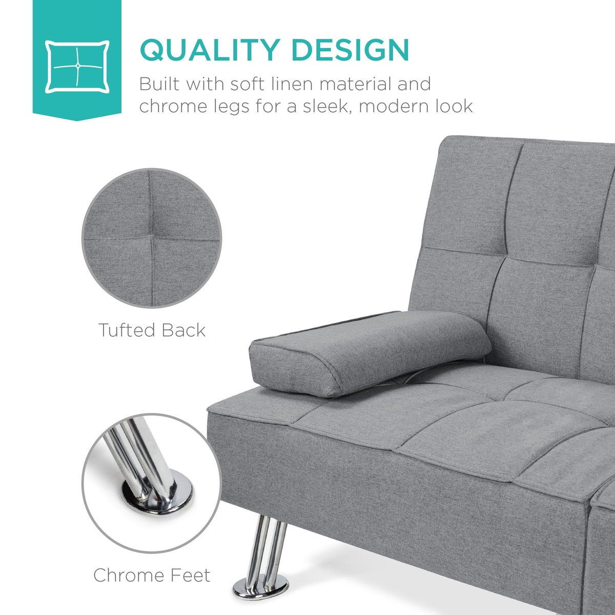 Gray Linen Convertible Futon Sofa Bed with Cupholders I65874