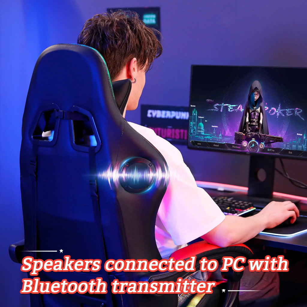 Gaming Chair with Speakers PU Leather Footrest LED Lights K38078