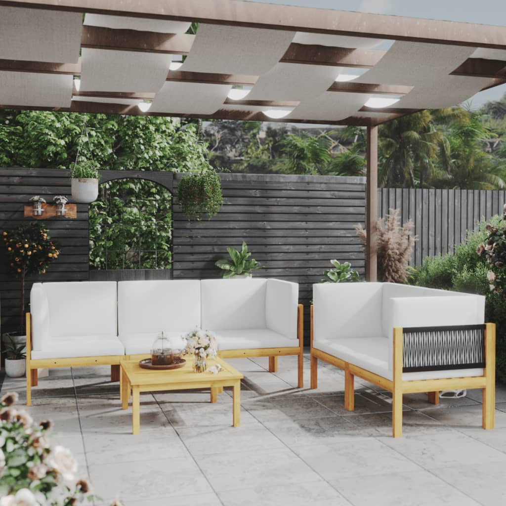 6 Piece Acacia Wood Patio Lounge Set with Cream White Cushion N572