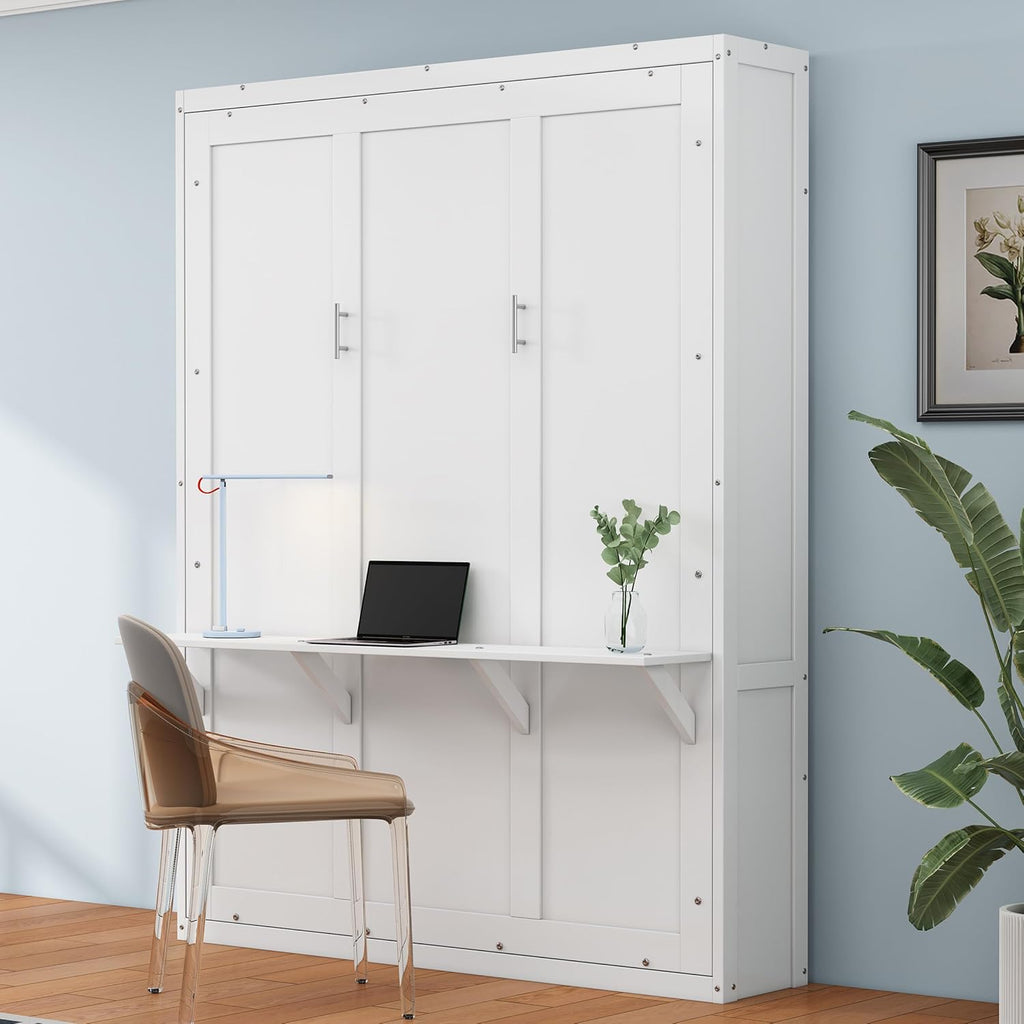 White Queen Size Solid Pine Murphy Bed with Desk and Storage Cabinet H528