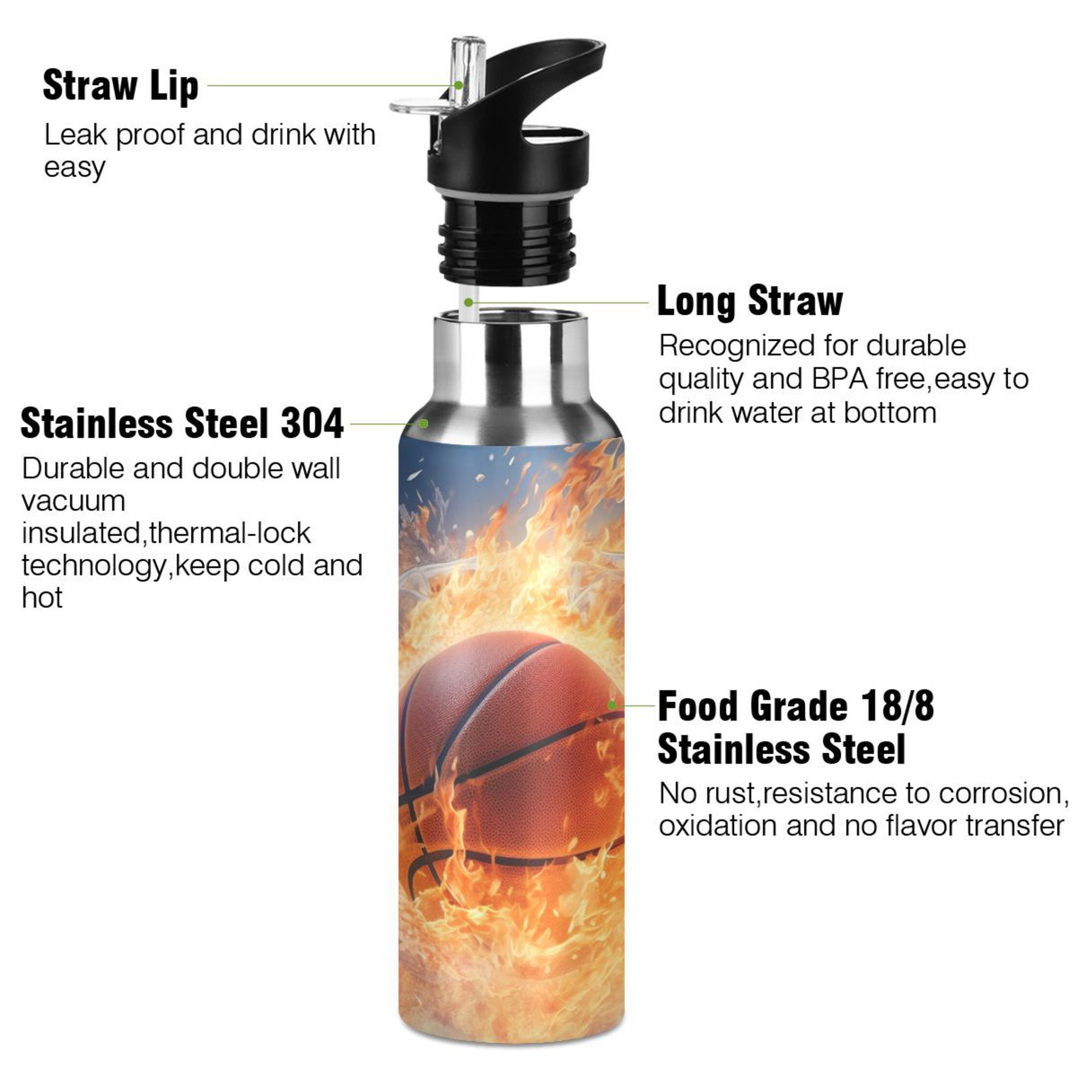 Stainless Steel Insulated Thermos Vacuum Flask Water Bottle with Straw Lid P9804
