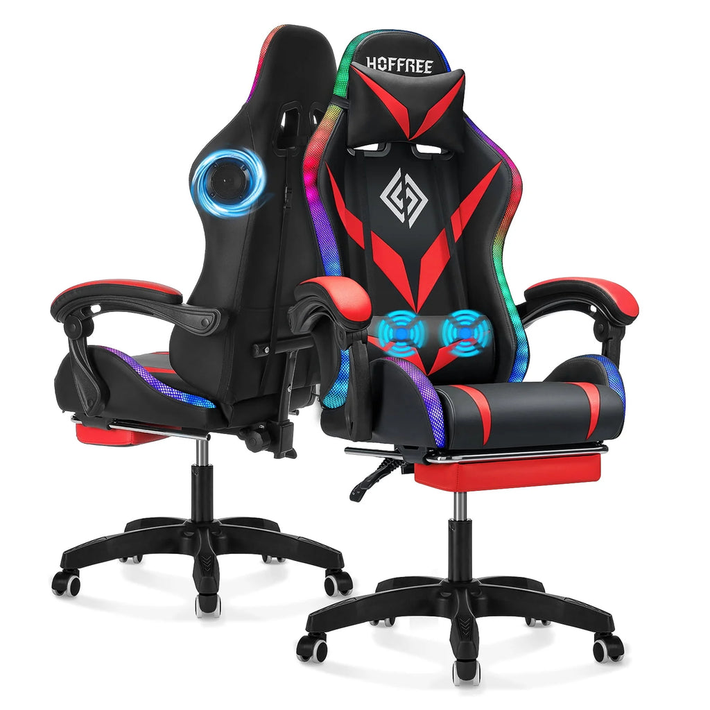 Gaming Chair with Speakers PU Leather Footrest LED Lights K38078