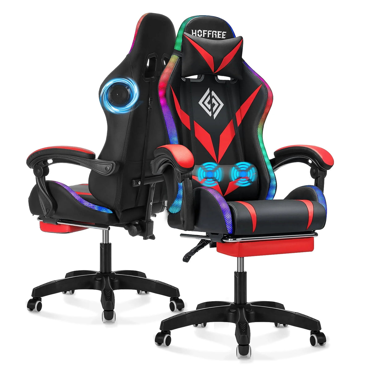 Gaming Chair with Speakers PU Leather Footrest LED Lights K38078