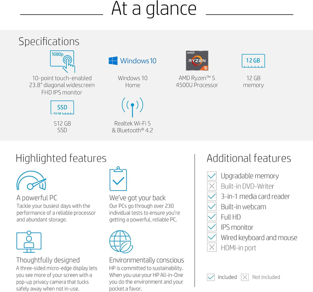 24-inch All-in-One Touchscreen Desktop Computer, AMD Ryzen 5 4500U Processor, 12 GB RAM, 512 GB SSD, Windows 10 Home, Silver I933
