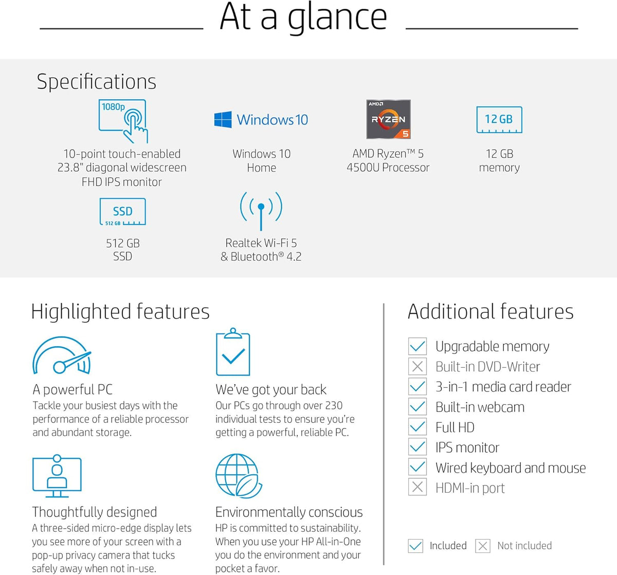 24-inch All-in-One Touchscreen Desktop Computer, AMD Ryzen 5 4500U Processor, 12 GB RAM, 512 GB SSD, Windows 10 Home, Silver I933