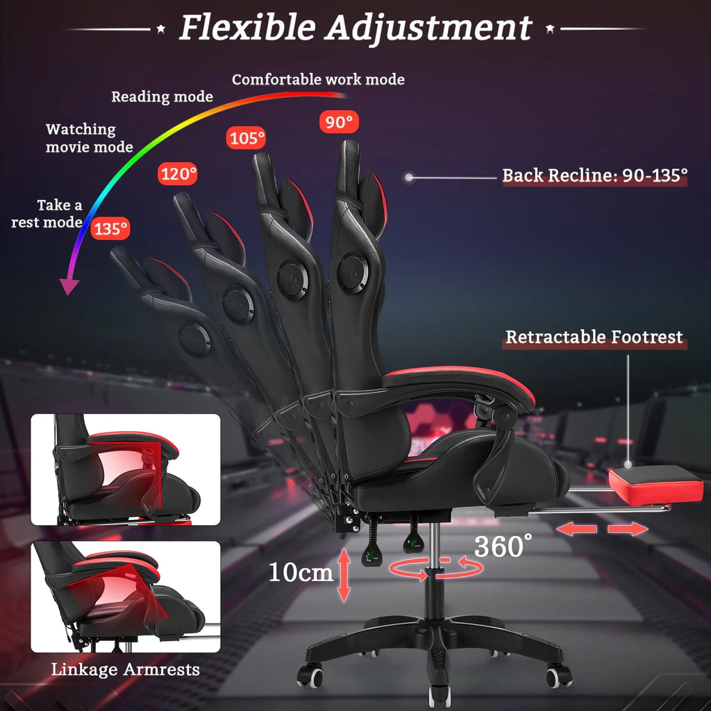 Gaming Chair with Speakers PU Leather Footrest LED Lights K38078
