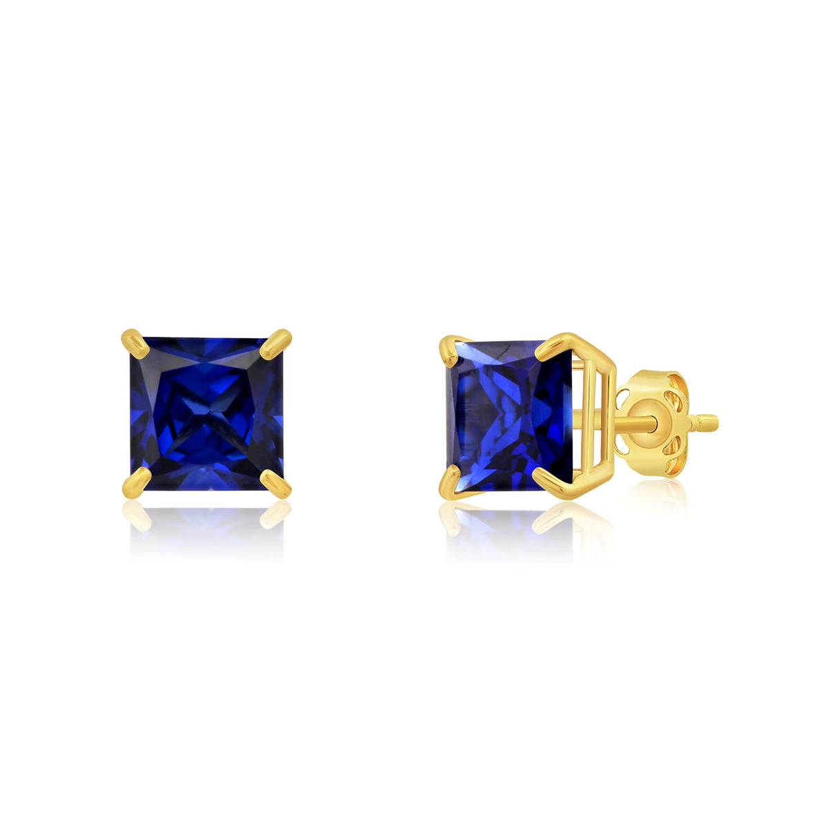 14k Yellow Gold Princess Cut Created Blue Sapphire Square Stud Earrings 7mm I937264