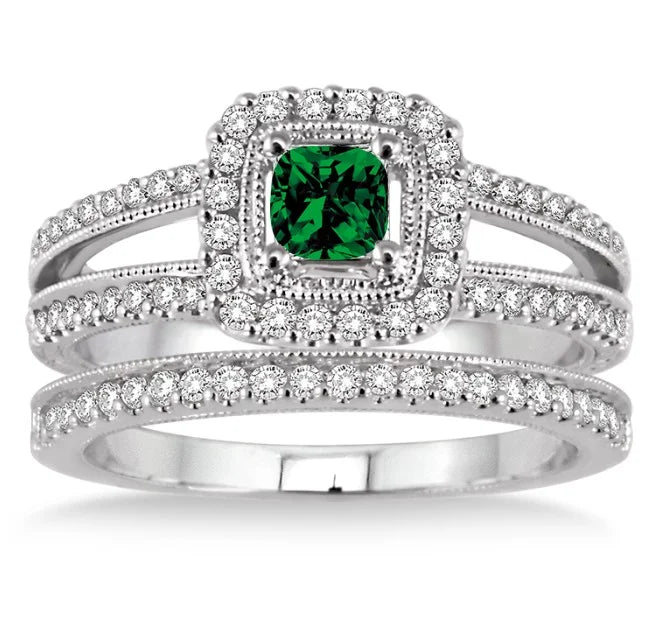 Emerald & Diamond Halo Bridal Ring on 10k White Gold L39109