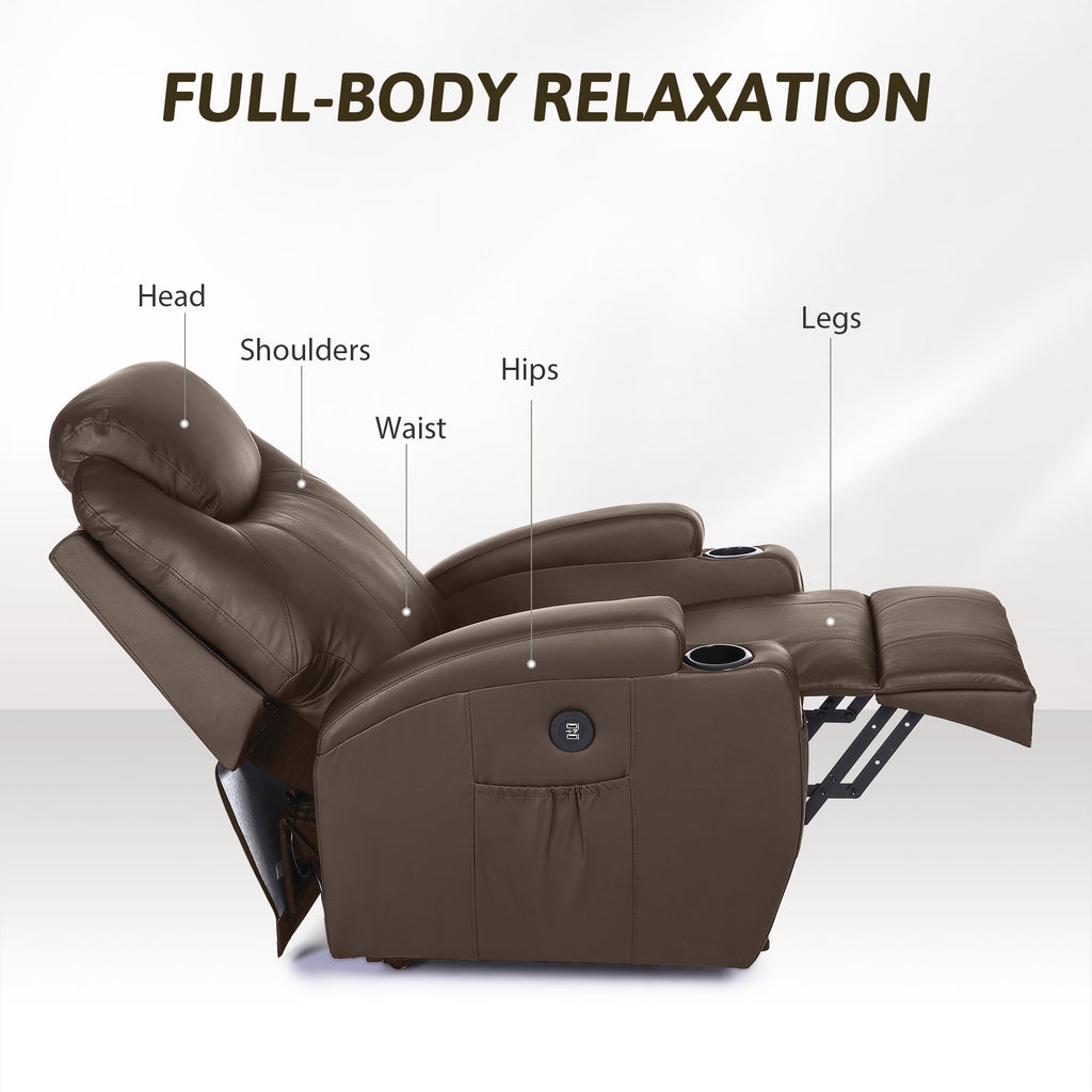 Brown Recliner Chair with Heated Massage Footrest Cup Holders USB Port I24399