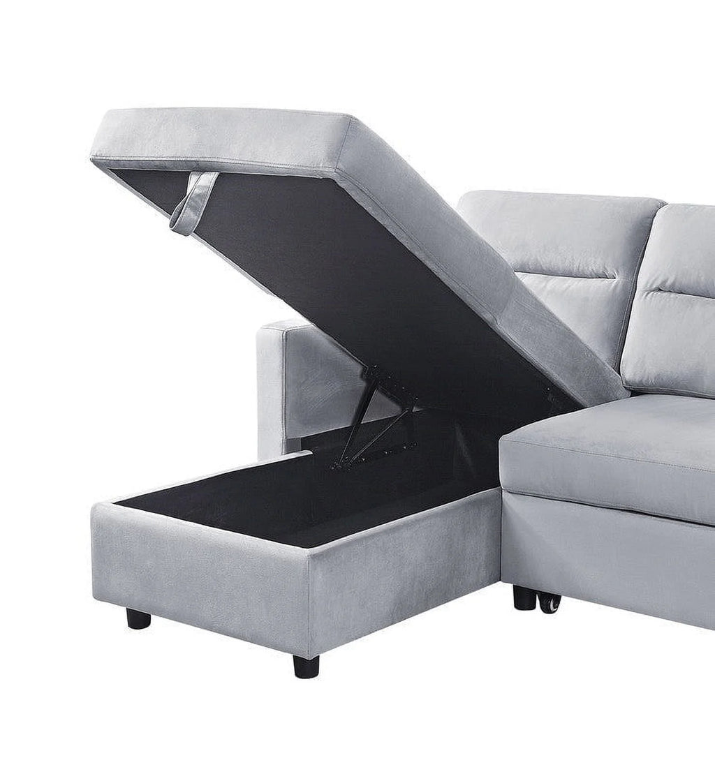 Light Gray Velvet Reversible Sleeper Sectional Sofa with Storage Chaise L624