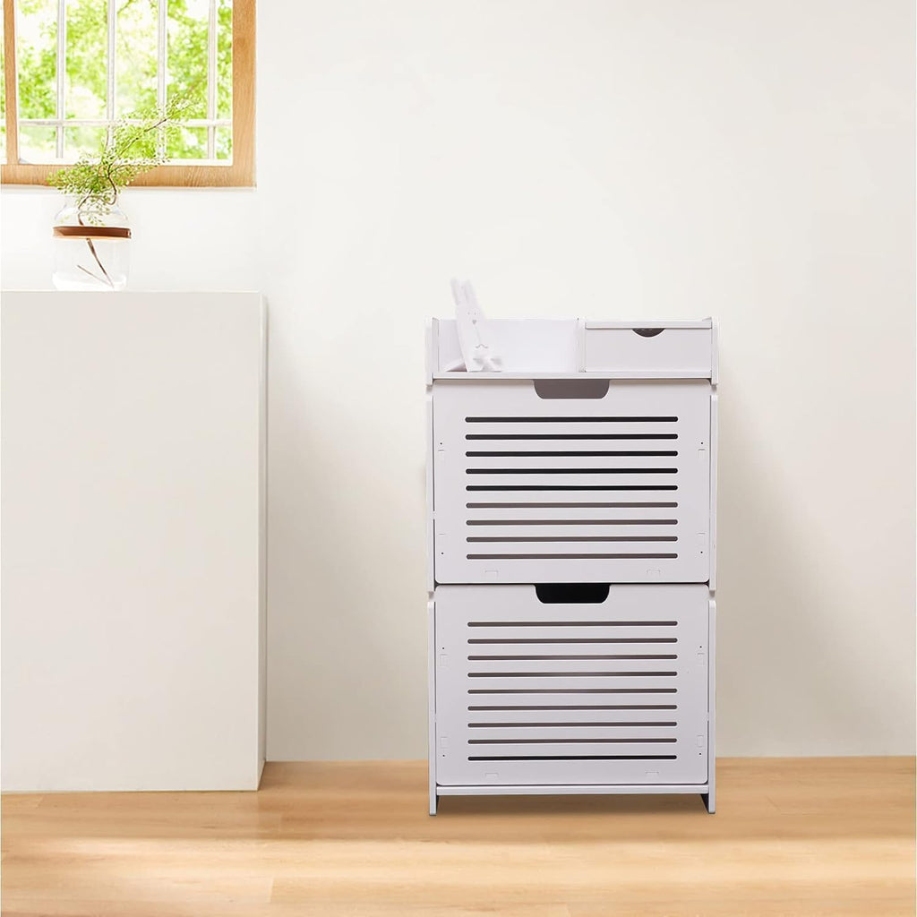 White Wood Look 2 Flip Drawers Freestanding Shoe Storage Cabinet K38043