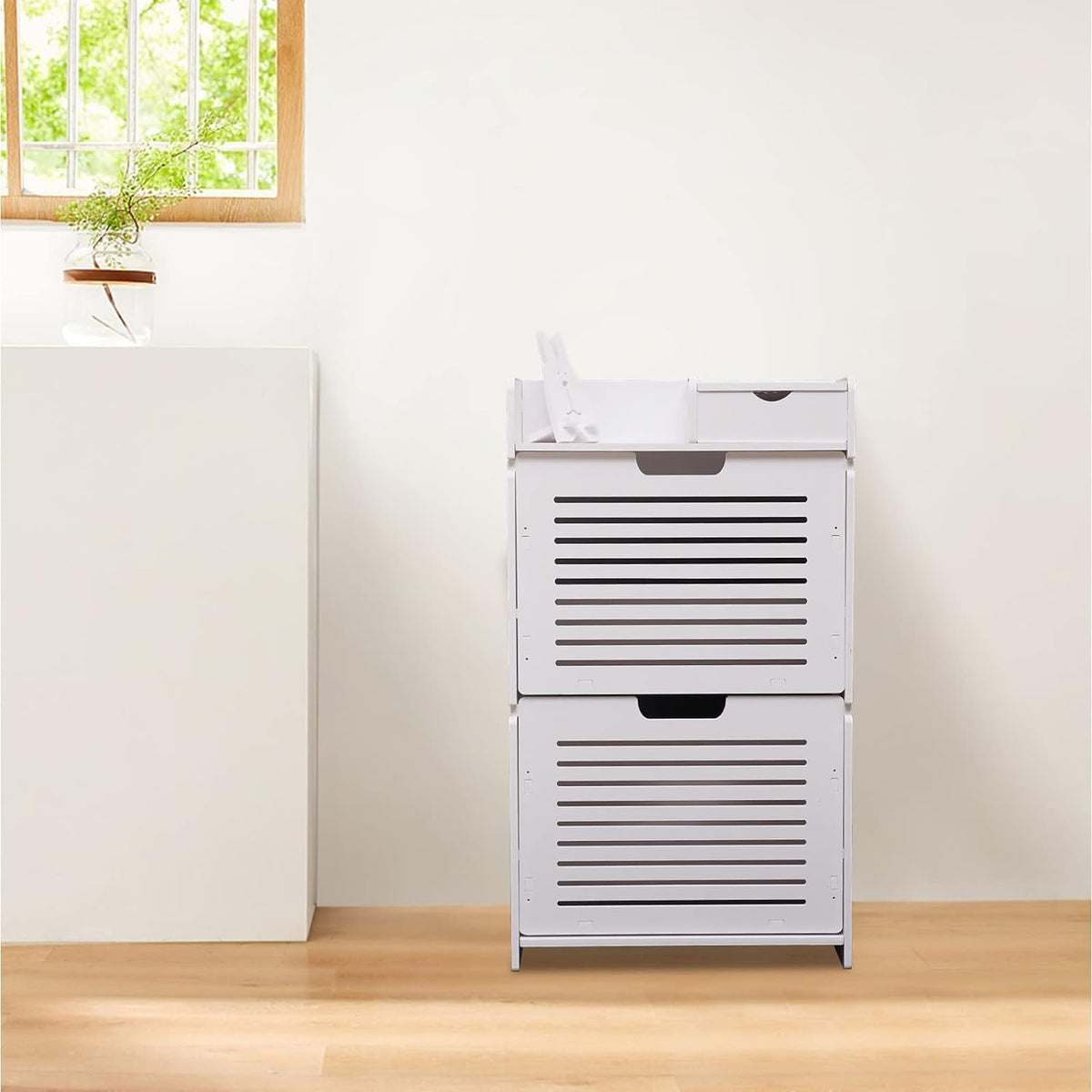 White Wood Look 2 Flip Drawers Freestanding Shoe Storage Cabinet K38043