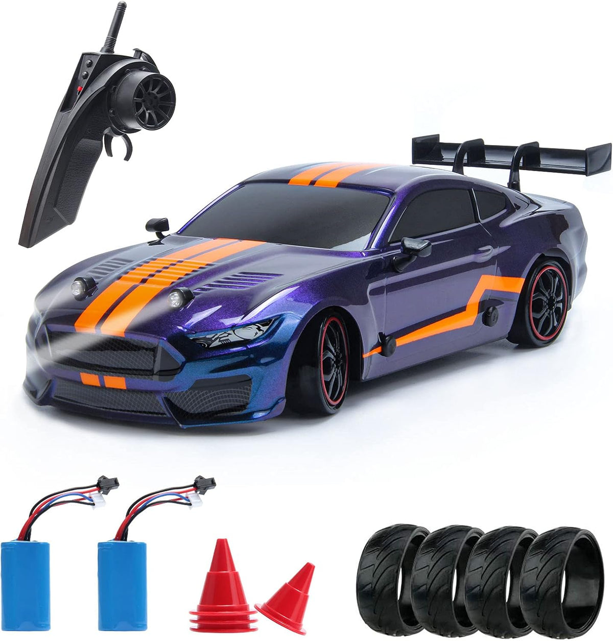 Remote Control Car RC Sport Racing Car 4WD RTR Vehicle with LED Lights, Two Batteries and Drift Tires + Racing Tires S124260