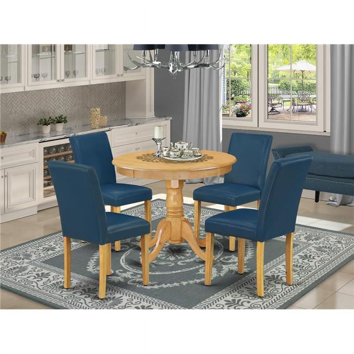 5 Piece Antique Round Table and 4 Parson Chair with Oak Leg and Pu Leather P912