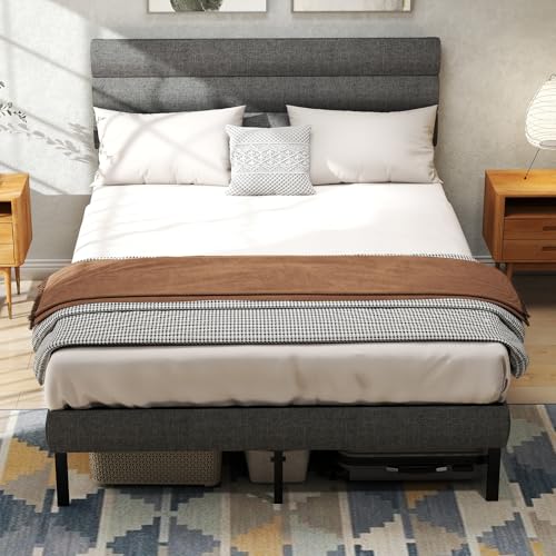 Grey Linen Upholstered Full Size Metal Platform Bed Frame V23470