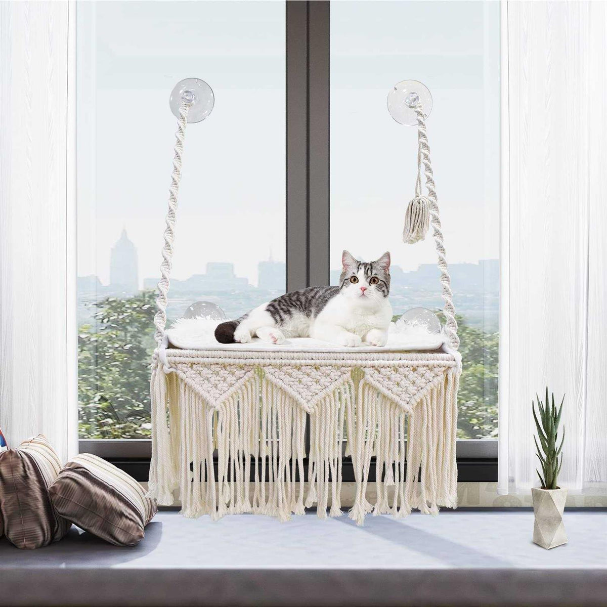 Macrame Cat Window Perch Hammock V216