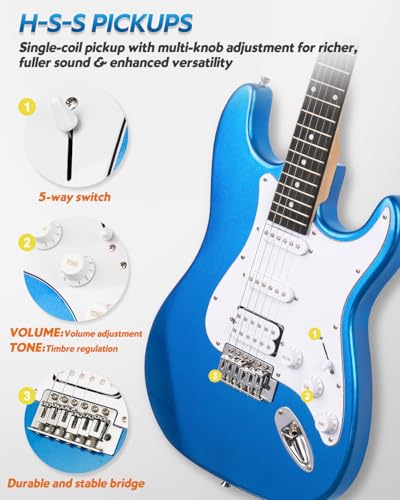 39" Full Size Electric Guitar HSS Pick Up with 10W Amp, Bag, Digital Tuner, Capo, Strap, String, Cable, Picks M6362