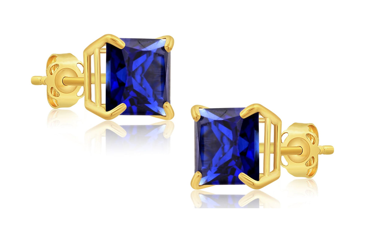 14k Yellow Gold Princess Cut Created Blue Sapphire Square Stud Earrings 7mm I937264