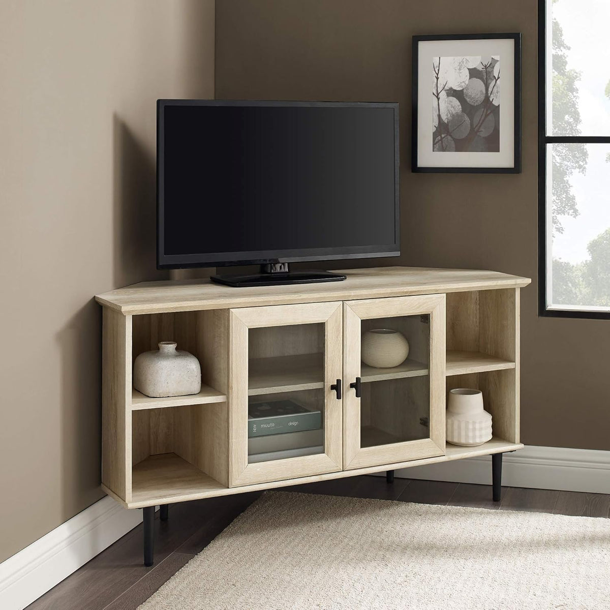 Dark Walnut 48 Inch Wood Corner TV Stand with Glass Cabinet Doors Q43106