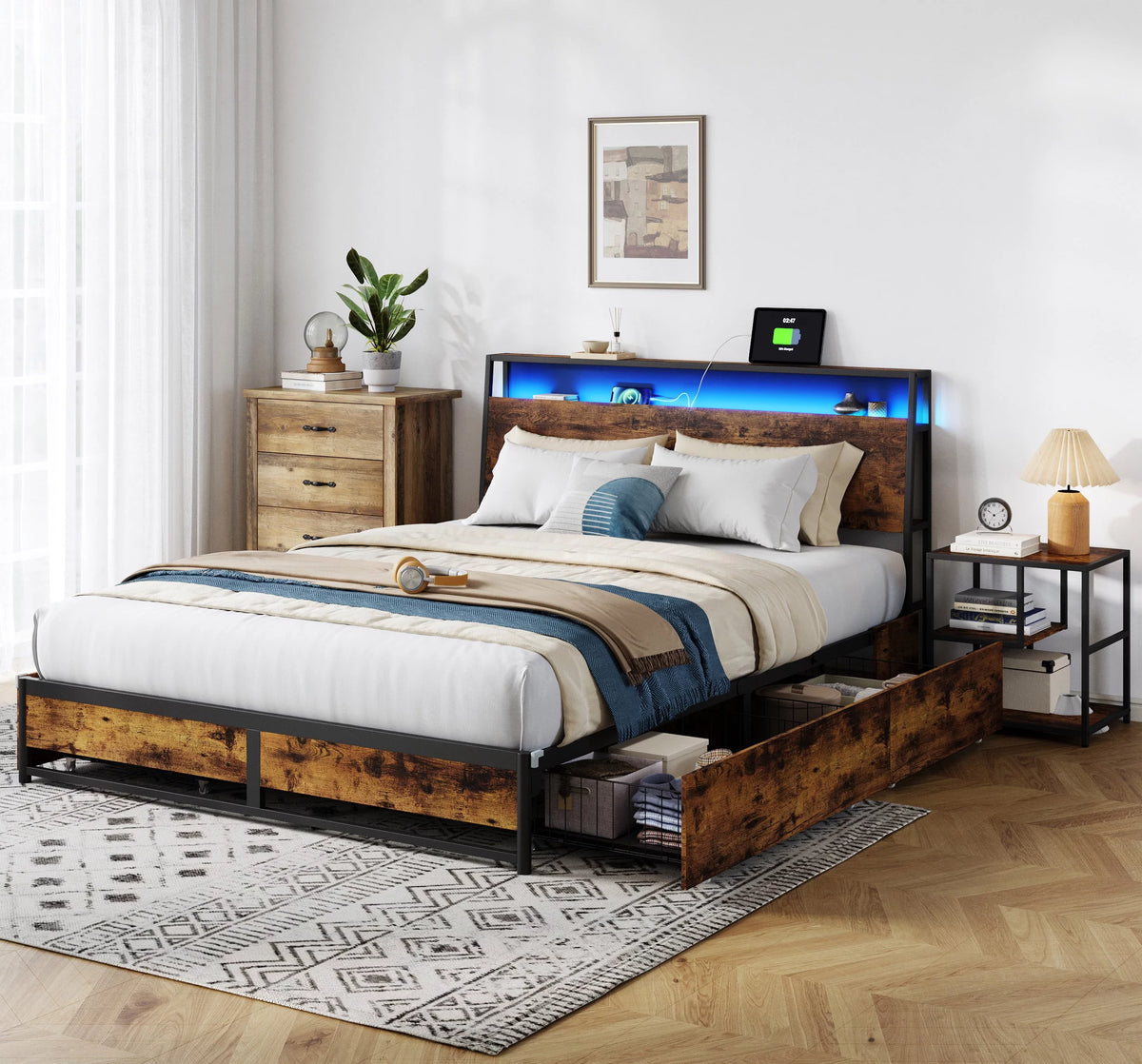 Full Size Platform Bed Frame with Storage Headboard and 4 Storage Drawers U469
