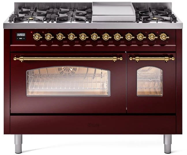 48 Dual Fuel Natural Gas Range in Burgundy with Brass Trim G791