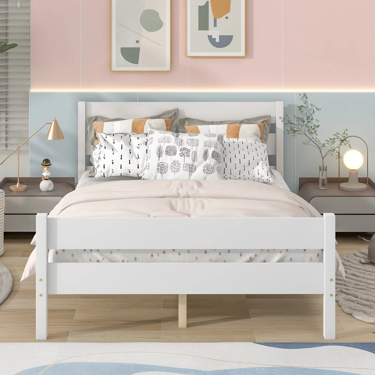 White Full Size Platform Bed Frame with Headboard and Footboard V391