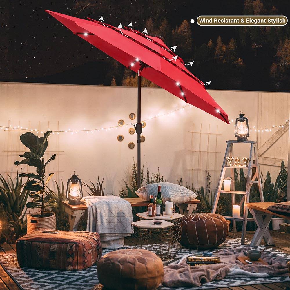 Flame Scarlet 9ft Prelit 3-Tiered Patio Umbrella with Lights P7387