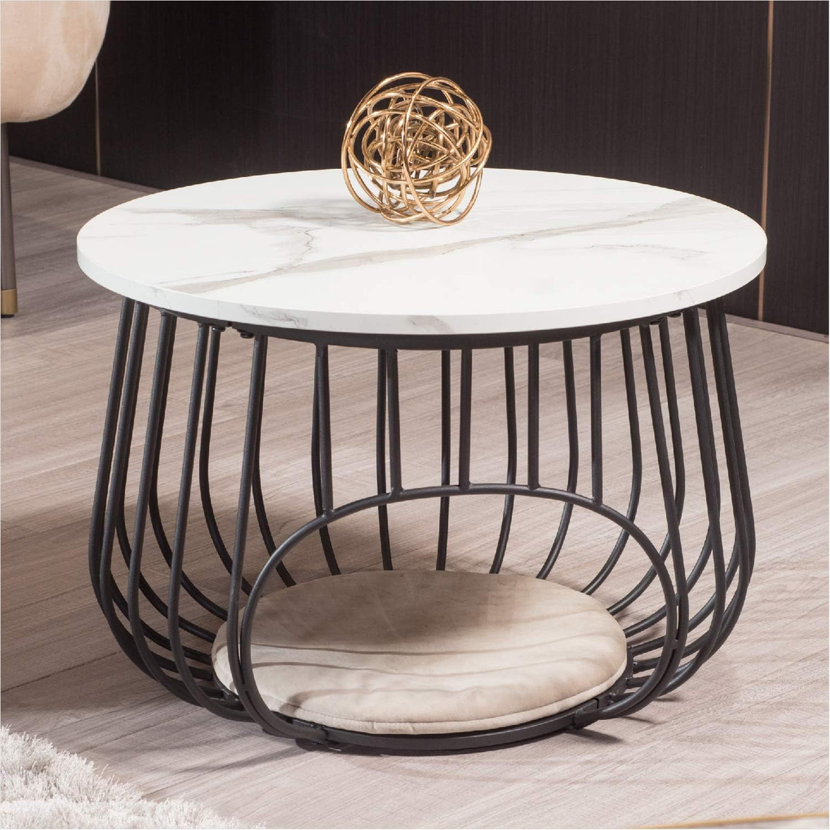 White Marble Texture Black Round Coffee Table with Storage T32336
